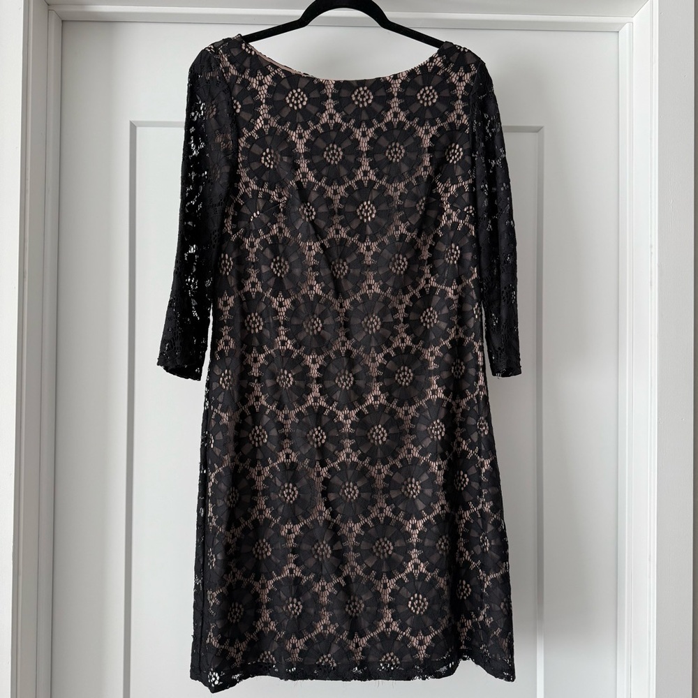 Jessica Howard Illusion-Sleeve Lace Sheath Elegant Black Dress Women’s Sz 10